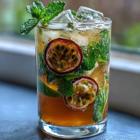 A vibrant passionfruit mojito with fresh mint, tangy lime, and tropical passionfruit juice served over ice in a tall glass.