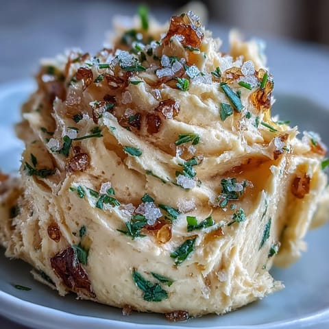 A creamy spread of salted honey butter melting on warm, crusty bread with visible herb flecks and golden honey swirls.