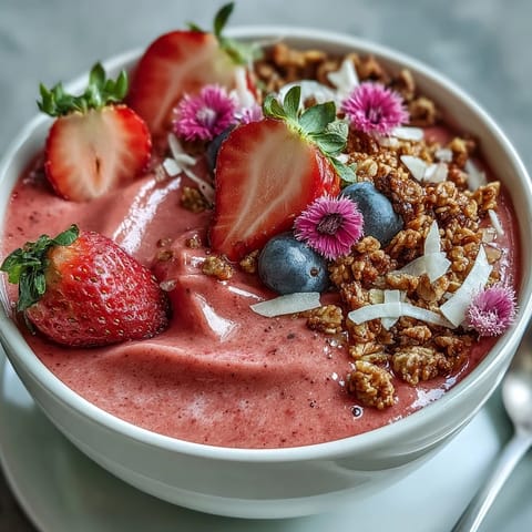 A creamy strawberry smoothie base blended with Greek yogurt and banana, beautifully garnished with granola, blueberries, and edible flowers.