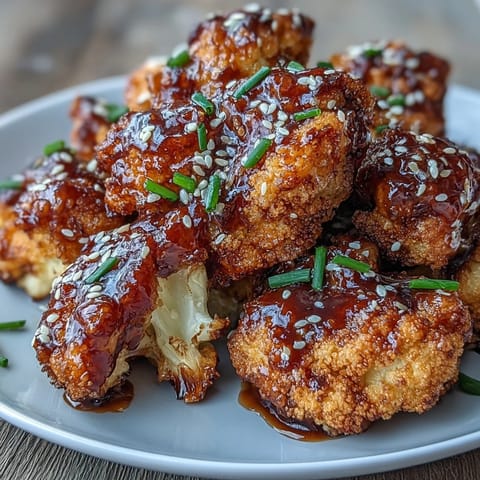 Golden battered cauliflower bites tossed in rich General Tso's sauce, garnished with sesame seeds and scallions.  