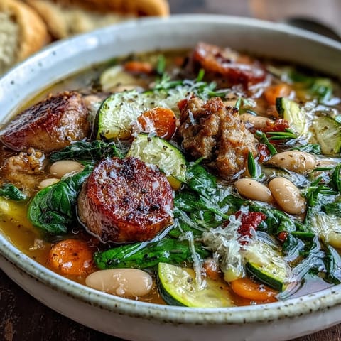 Hearty Tuscan white bean soup with Italian sausage, cannellini beans, and fresh vegetables in a fragrant broth.