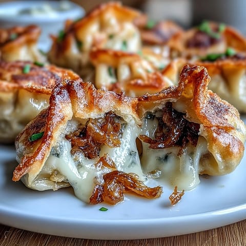 Crispy caramelized French onion soup dumplings filled with gooey Gruyère and topped with fresh chives.  