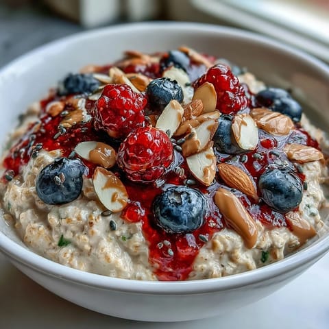 Layered oats infused with chia seeds and vanilla, garnished with fresh strawberries, blueberries, and a generous dollop of almond butter.