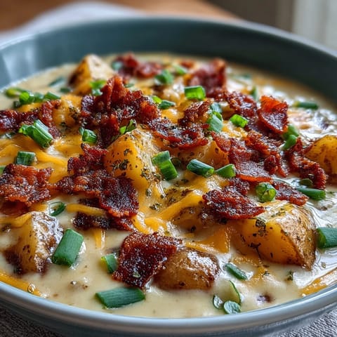Creamy St. Patrick's Day Loaded Baked Potato Soup with crispy bacon and melted cheddar in a rich, comforting bowl.