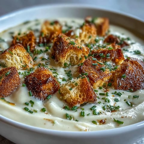 Creamy leek and potato soup with golden sourdough croutons in a white bowl, garnished with fresh chives.