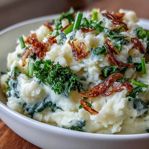 Creamy Irish-inspired colcannon mashed potatoes with sautéed leeks and a crispy kale topping for a modern twist on a classic comfort dish.