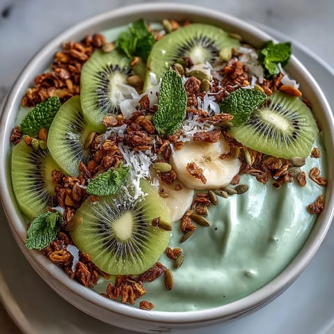 Shamrock Green Smoothie Bowl with Kiwi and Spinach, a vibrant blend of spinach, kiwi, and banana, topped with fresh fruit and crunchy granola.  