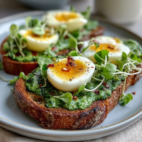 Spinach pesto sourdough toast with soft-boiled egg, golden crust topped with vibrant green spread and jammy yolk.  