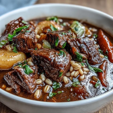A hearty bowl of Guinness beef stew with tender chunks of beef, pearl barley, and colorful root vegetables in a rich, dark broth.