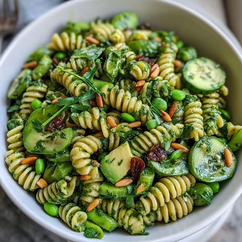 Creamy green goddess dressing coats tender pasta and fresh spring vegetables in this refreshing vegetarian salad.  