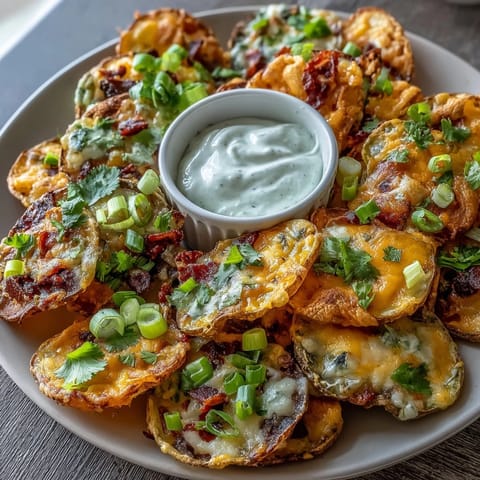 Colorful rainbow veggie Irish nachos with crispy potato rounds, melted cheddar, and fresh bell peppers, served with tangy Greek yogurt ranch dressing.