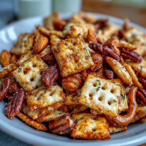 Crunchy sourdough Cheez-Its snack mix with roasted nuts and pretzels, baked to golden perfection.  
