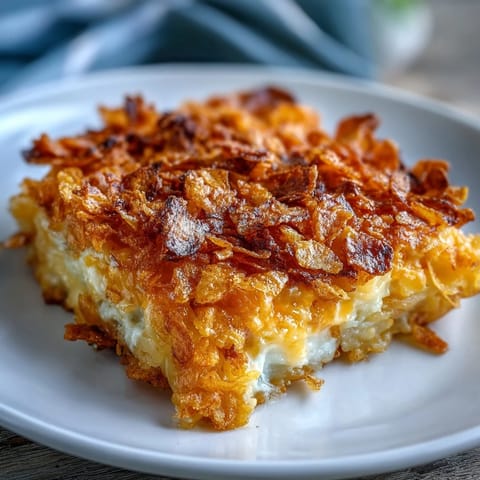 A golden, cheesy funeral potatoes casserole with a crispy cornflake and cheddar crust, bubbling hot from the oven.  