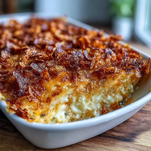 Comforting funeral potatoes topped with crunchy cornflakes and melted cheddar, perfect for potlucks and family gatherings.  