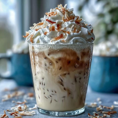 A creamy Vanilla Bean Coconut Frappuccino Mocktail blended with real vanilla bean and coconut milk, served chilled in tall glasses.