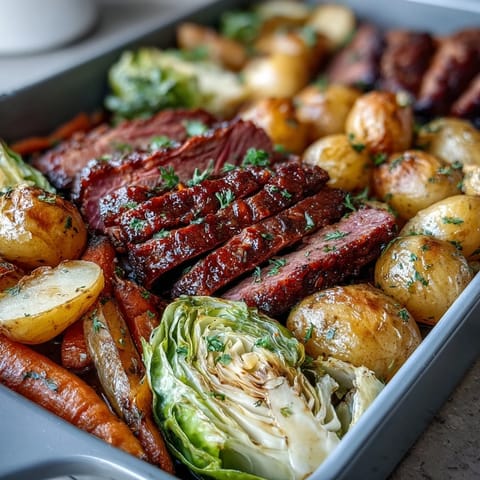 A vibrant sheet pan dinner featuring juicy corned beef, crisp cabbage wedges, and colorful roasted carrots and potatoes, ideal for St. Patrick's Day.  