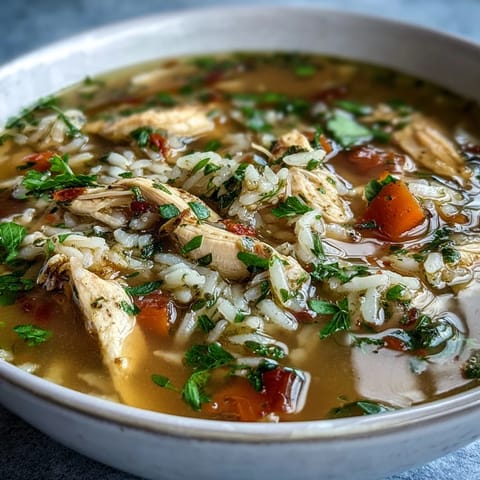 One-Pot Healthy Chicken and Rice Soup with tender chicken, fresh vegetables, and hearty rice simmering in savory broth.  