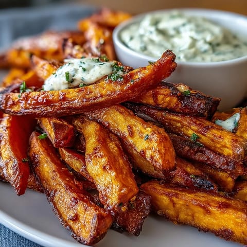 Air-fried sweet potato fries served with creamy garlic aioli dip, a healthy snack or side dish.  