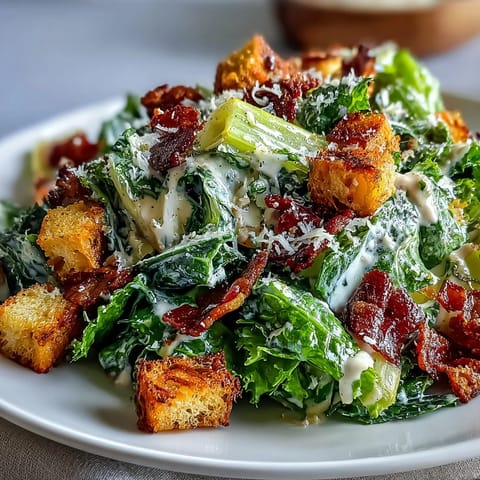 Crispy celery Caesar salad with crunchy croutons and Parmesan in a creamy, tangy dressing, perfect for a light lunch.