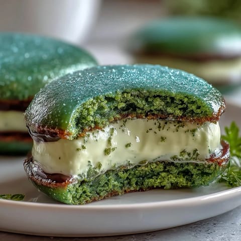 Soft and chewy green sugar cookies filled with smooth vanilla frosting, rolled in green sanding sugar for a sparkling finish.  