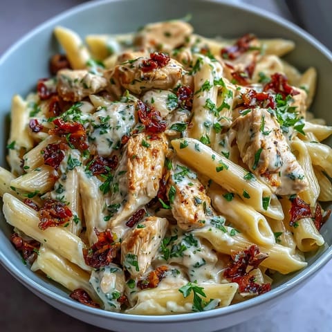 Creamy Crockpot Mississippi Chicken Pasta with tender shredded chicken and tangy pepperoncini in a rich, velvety sauce.