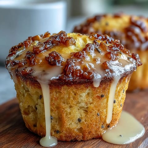 Bright lemon poppy seed muffins with golden tops, topped with a tangy citrus glaze for a perfect spring brunch treat.
