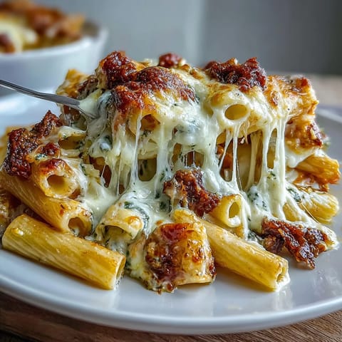 One-Pot Cheesy Pasta Bake with bubbling golden cheese and tender pasta in rich tomato sauce.
