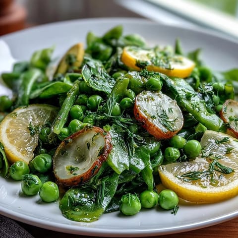Bright Lemon Vinaigrette Spring Salad with Radishes and Peas: a vibrant mix of crisp greens, colorful radishes, and sweet peas tossed in a zesty lemon dressing.