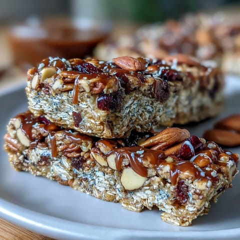 A stack of chewy no-bake granola energy bars with oats, nuts, and dried fruit on a rustic wooden board.