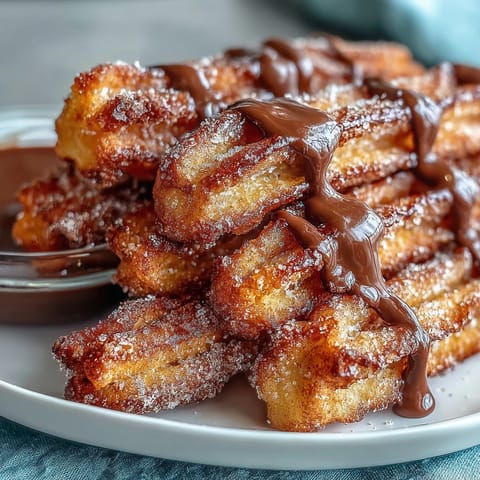 Crispy cinnamon sugar churro bites with a glossy chocolate dipping sauce, perfect for festive Cinco de Mayo celebrations.