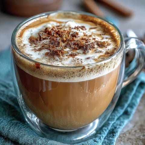 Creamy dandelion tea latte with oat milk and honey, frothed to perfection and lightly dusted with cinnamon.
