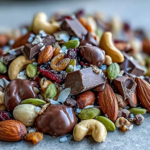 Homemade trail mix with dark chocolate features crunchy almonds, cashews, and pistachios, mixed with sweet dried fruits and rich chocolate chunks.
