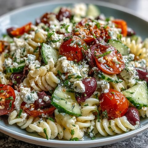 A colorful bowl of Summer Pasta Salad with juicy tomatoes, crisp cucumbers, and creamy feta cheese crumbles.
