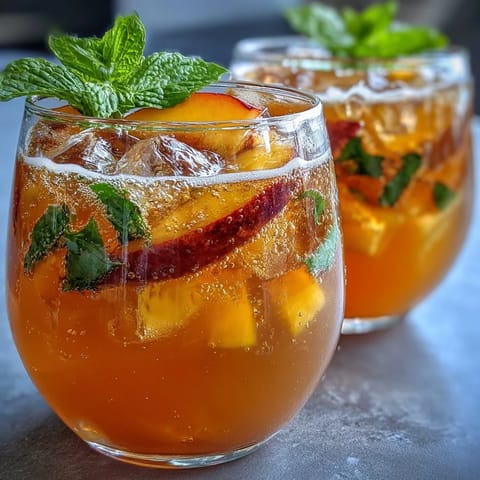 Mango peach sparkling tea served over ice with fresh mint and fruit slices, a vibrant summer beverage perfect for hot days.