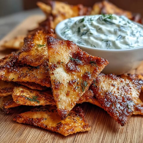 Crispy homemade pita chips paired with creamy tzatziki, perfect for a refreshing Mediterranean snack.