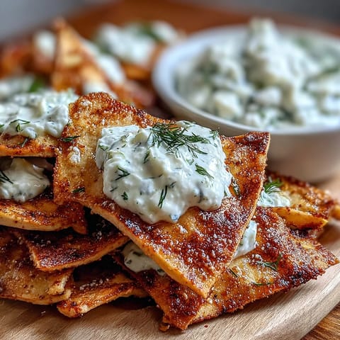 Golden-baked pita triangles served with cool, herb-infused tzatziki, a delightful vegetarian appetizer.