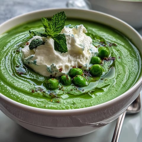 Vibrant spring pea soup topped with fluffy whipped ricotta and mint oil.