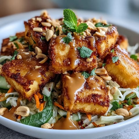 Vibrant Thai Mango Salad with crispy tofu, drizzled in peanut sauce.