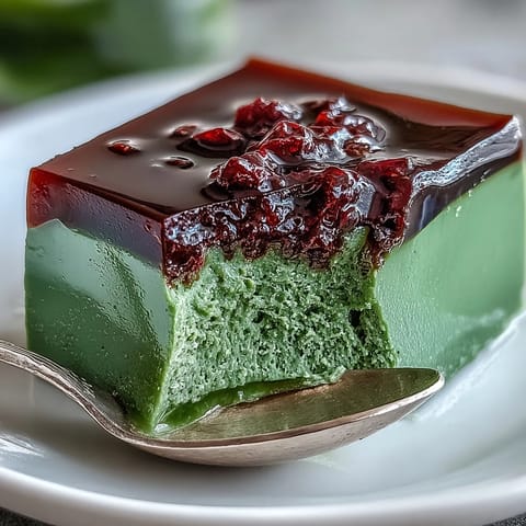 Yokan Japanese Red Bean Jelly with Matcha Layer: a visually appealing dessert slice.