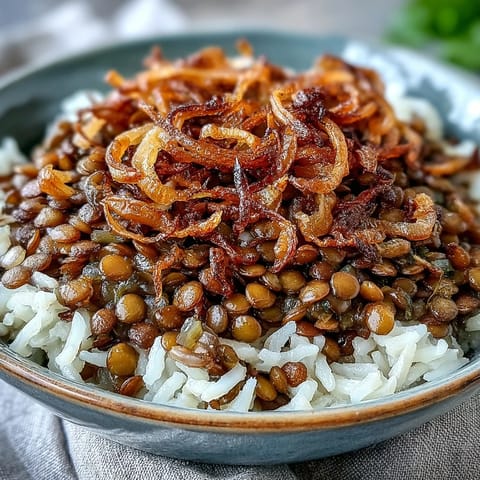Savory Levantine Mujadara, a hearty lentil and rice dish piled high with fried onions.