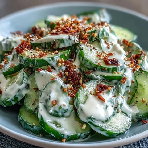 Refreshing viral cucumber salad with creamy dressing and crunchy everything bagel seasoning.