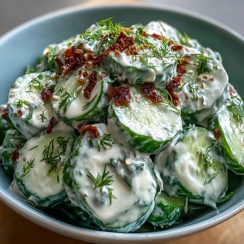 Creamy viral cucumber salad, a crisp, tangy side dish topped with savory bagel spice.