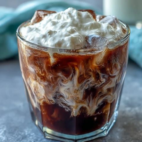 Creamy vanilla sweet cream topping rich, dark cold brew coffee, perfect refreshment.