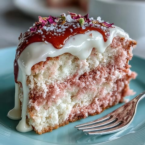 Tender pink velvet cake, kissed with rosé, adorned with a glamorous gold cascade.