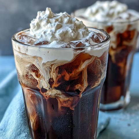 Delicious cold brew coffee with vanilla sweet cream layers floating in glass.
