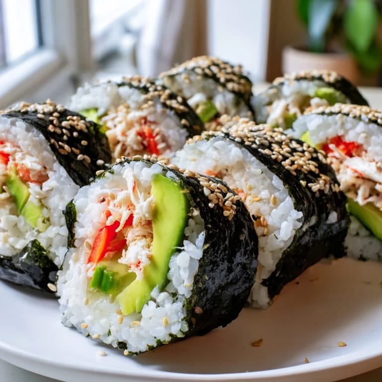 Close-up of a California roll, beautifully constructed with seasoned rice, ready for dipping in soy sauce.