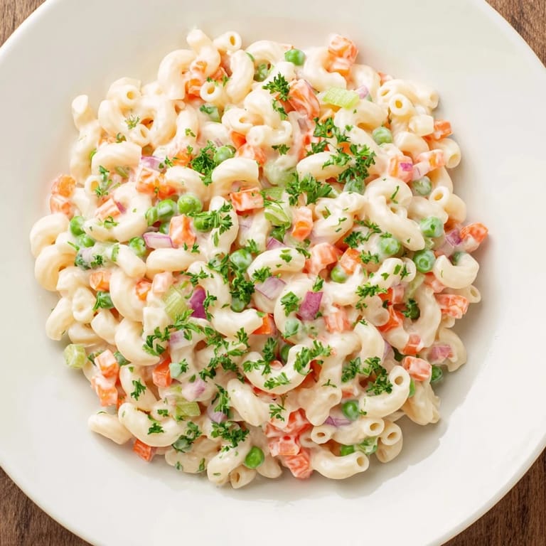 Chilled macaroni salad, featuring elbow macaroni and colorful vegetables, ready to serve.