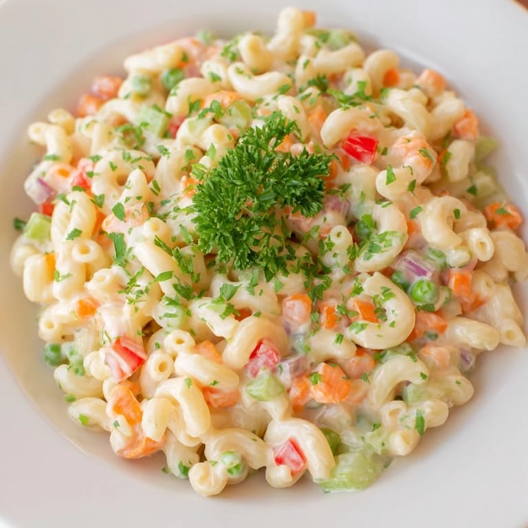 Close-up of classic macaroni salad, with tender pasta and a creamy, tangy dressing.