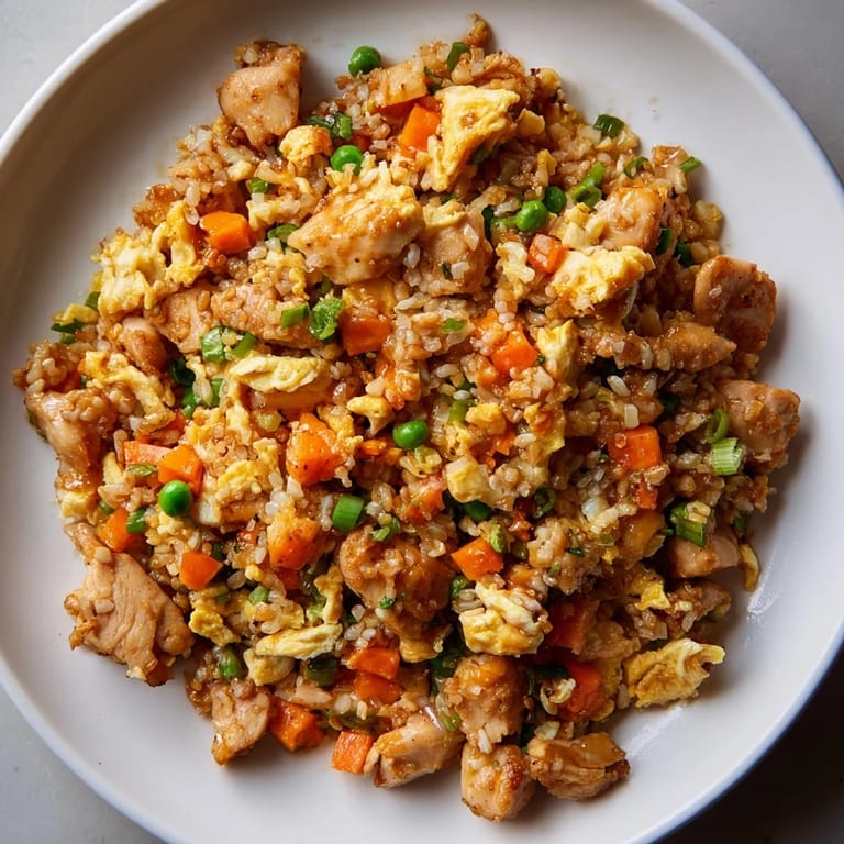A steaming bowl of flavorful chicken fried rice, ready to be enjoyed as a quick dinner.