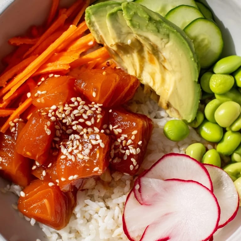 Close-up of a delicious poke bowl, showcasing marinated fish over fluffy rice, ready to serve.